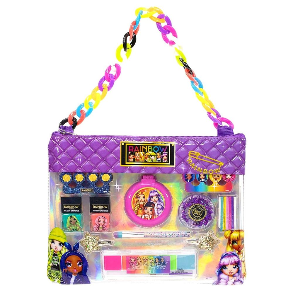 Rainbow High - 11 Pcs Makeup Filled Sling Bag with Peel- Off Nail Polish